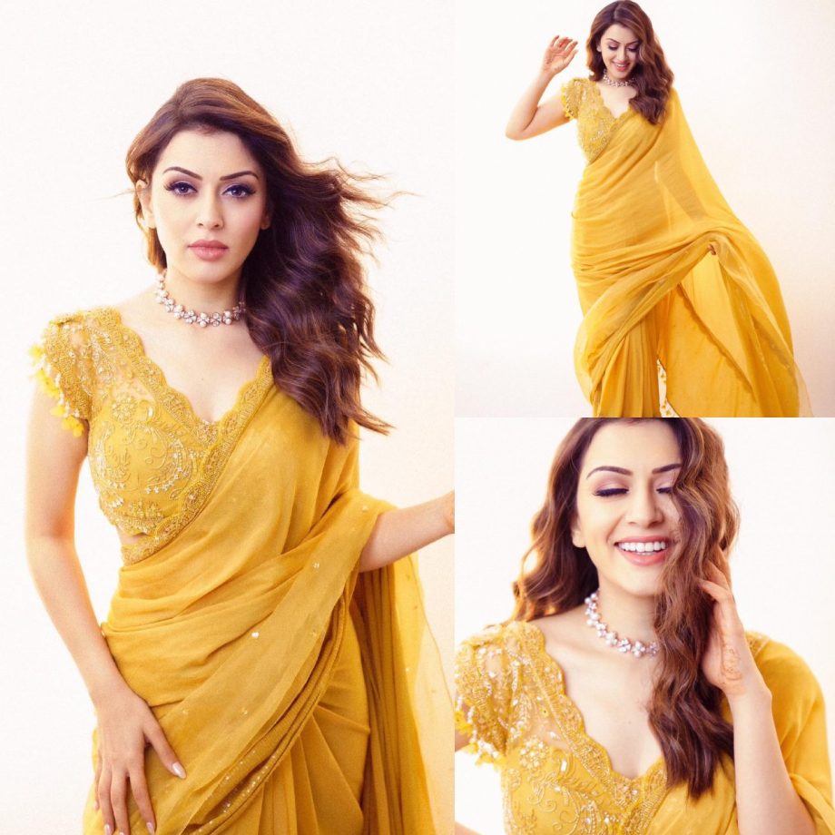 Waves of wow! Hansika Motwani exudes grace in yellow georgette saree and deep neck blouse design 869625