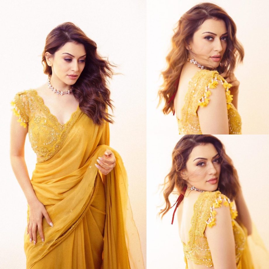 Waves of wow! Hansika Motwani exudes grace in yellow georgette saree and deep neck blouse design 869626