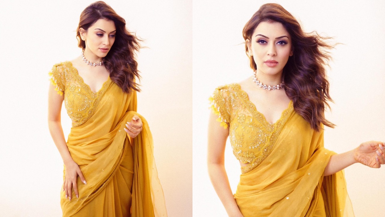 Waves of wow! Hansika Motwani exudes grace in yellow georgette saree and deep neck blouse design 869624