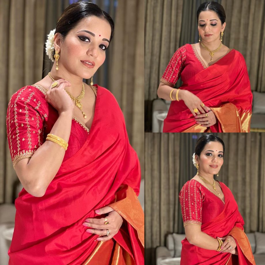 Monalisa Looks Typical Indian Nari In Red Silk Saree, Take A Look 875335
