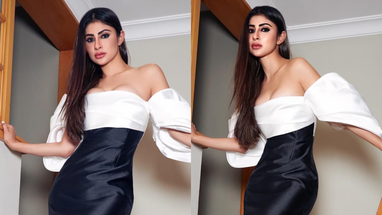 Mouni Roy cuts it chic in black and white off-shoulder bodycon dress, see photos