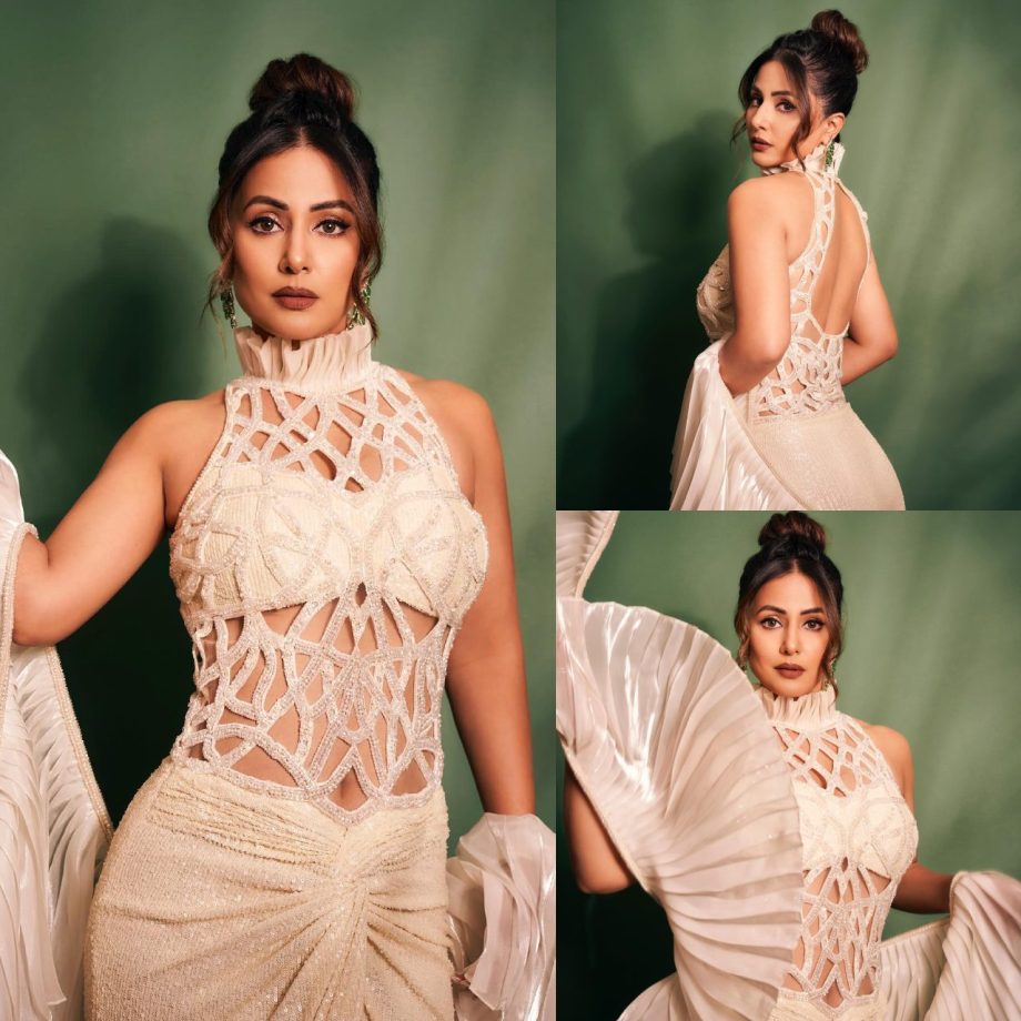 [Photos] Hina Khan goes glam personified in beige sheer ruffle gown 873017