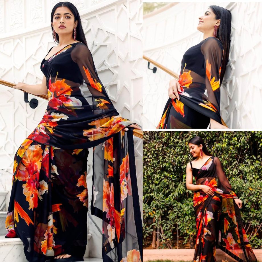 Rashmika Madanna sets style bar high in black floral chiffon saree 874695