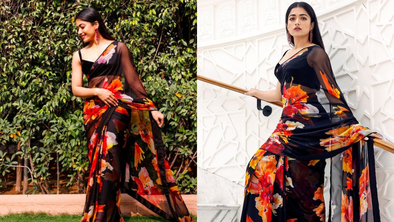 Rashmika Madanna sets style bar high in black floral chiffon saree 874694