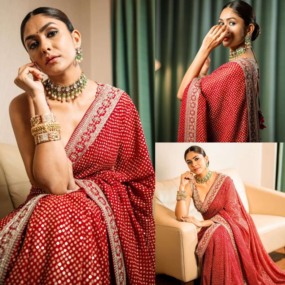 Regal Beauty! Mrunal Thakur stuns heavily embroidered red saree for Hi Nanna promotions 871940