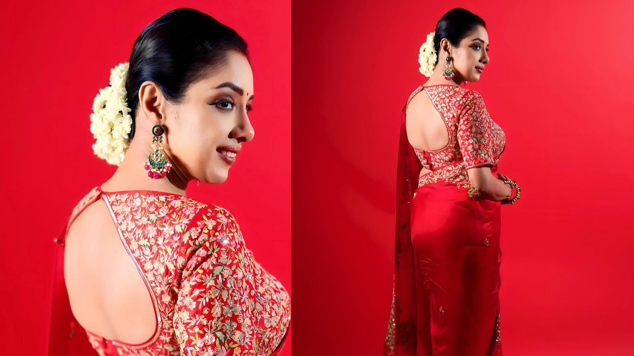 Rupali Ganguly turns ravishing in sheer vermillion red saree and embellished backless blouse
