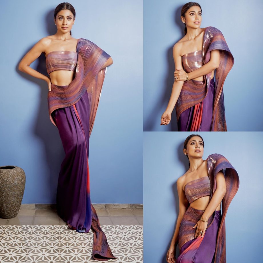Shriya Saran twirls in contemporary flair in metallic structured saree 872725