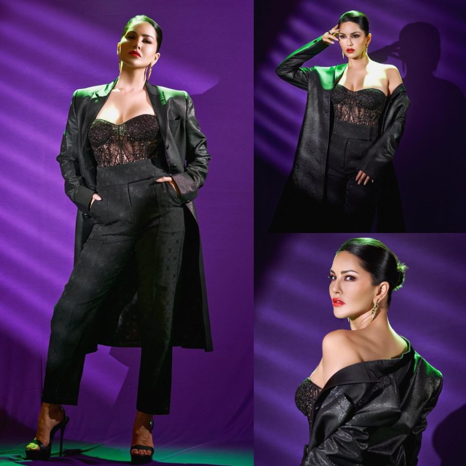 Sunny Leone Boss It Up In Black Pantsuit With A Statement Clutch 875298