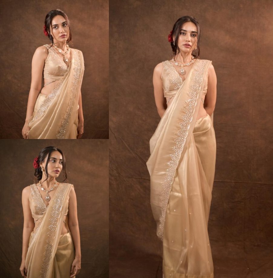 Surbhi Jyoti turns muse in beige sequinned saree and floral bun, check out 873595