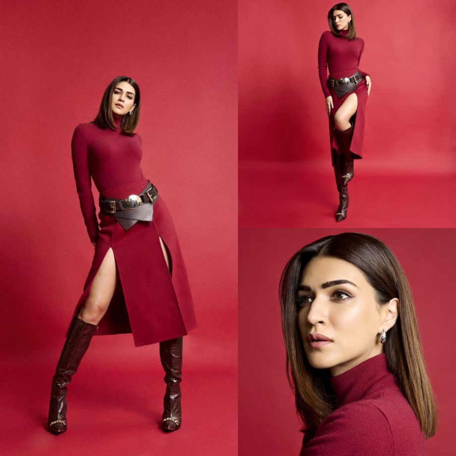 Kriti Sanon turns up sass in maroon turtle neck top and thigh-high slit skirt 880001