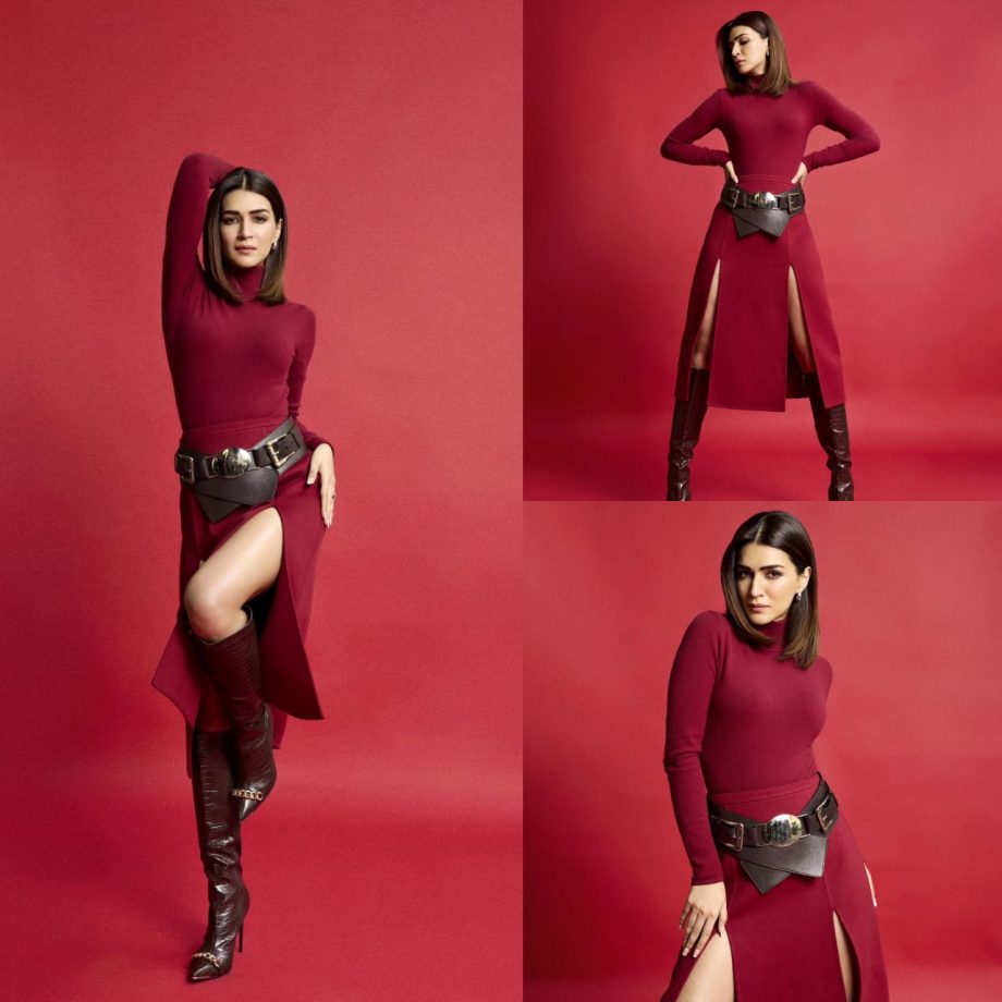 Kriti Sanon turns up sass in maroon turtle neck top and thigh-high slit skirt 880000