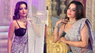 Monalisa is sultry personified in sequinned saree and deep neck blouse design