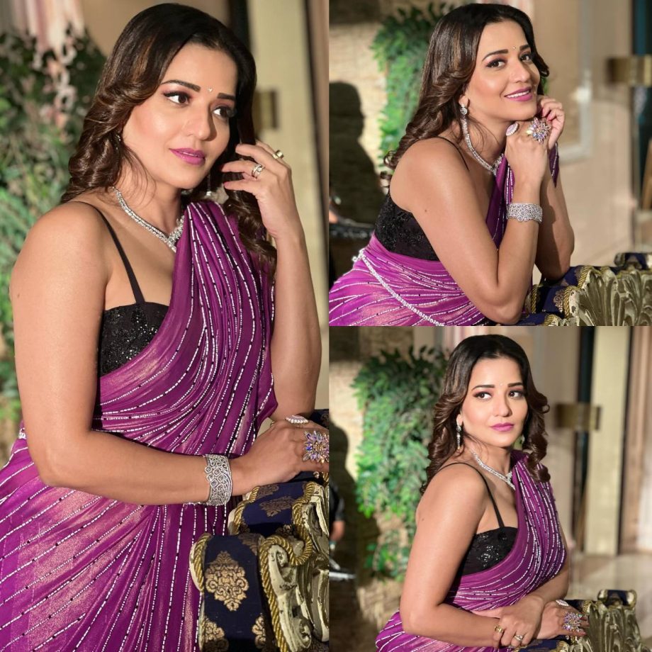 Monalisa turns all shimmer in lilac sequinned saree and bold blouse design 877593
