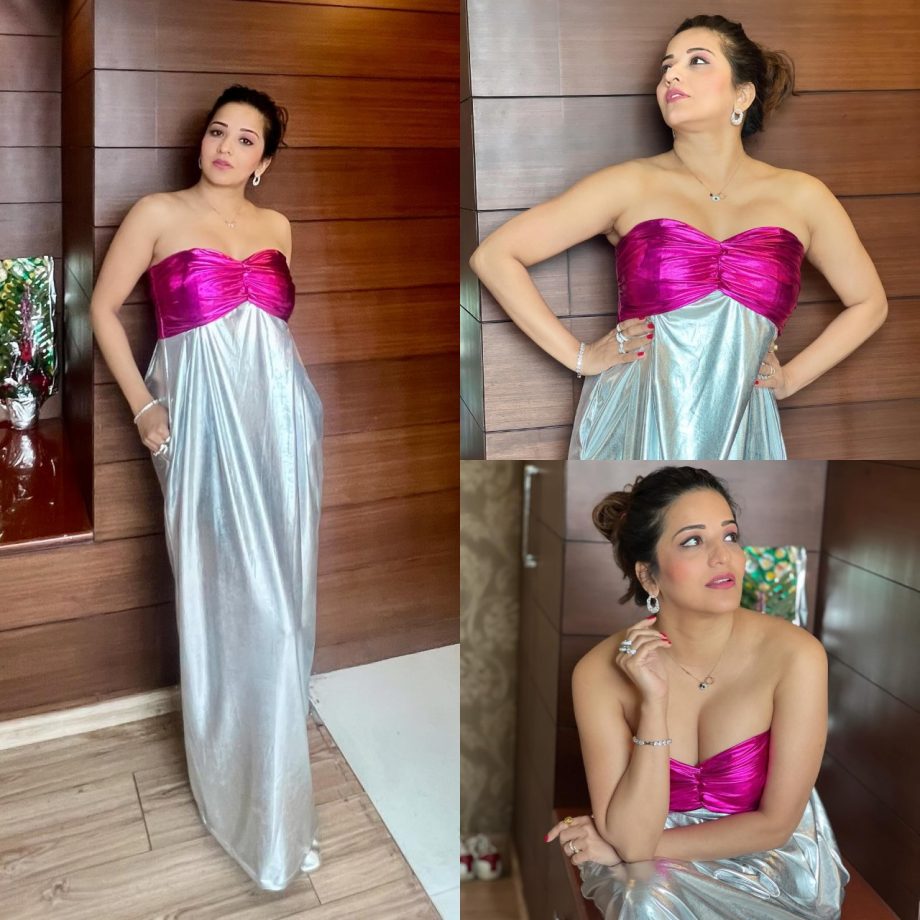Monalisa Wows The Internet In Dual-color Metallic Strapless Dress, See Now 880592