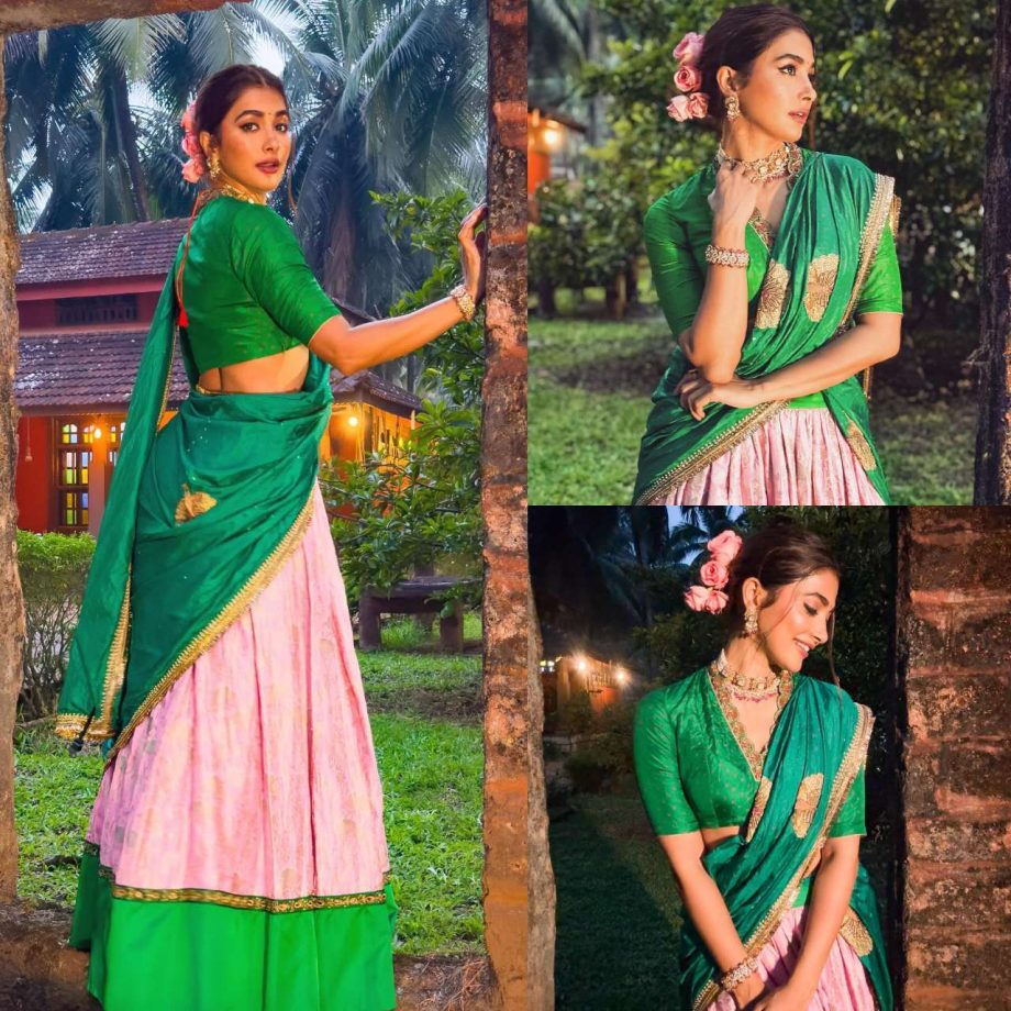 Pooja Hegde Mesmerizes in Exquisite Beige and Green Lehenga Saree 879661