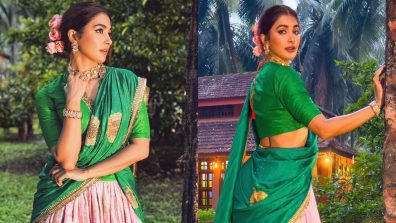 Pooja Hegde Mesmerizes in Exquisite Beige and Green Lehenga Saree