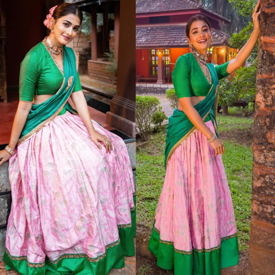 Pooja Hegde Mesmerizes in Exquisite Beige and Green Lehenga Saree 879660