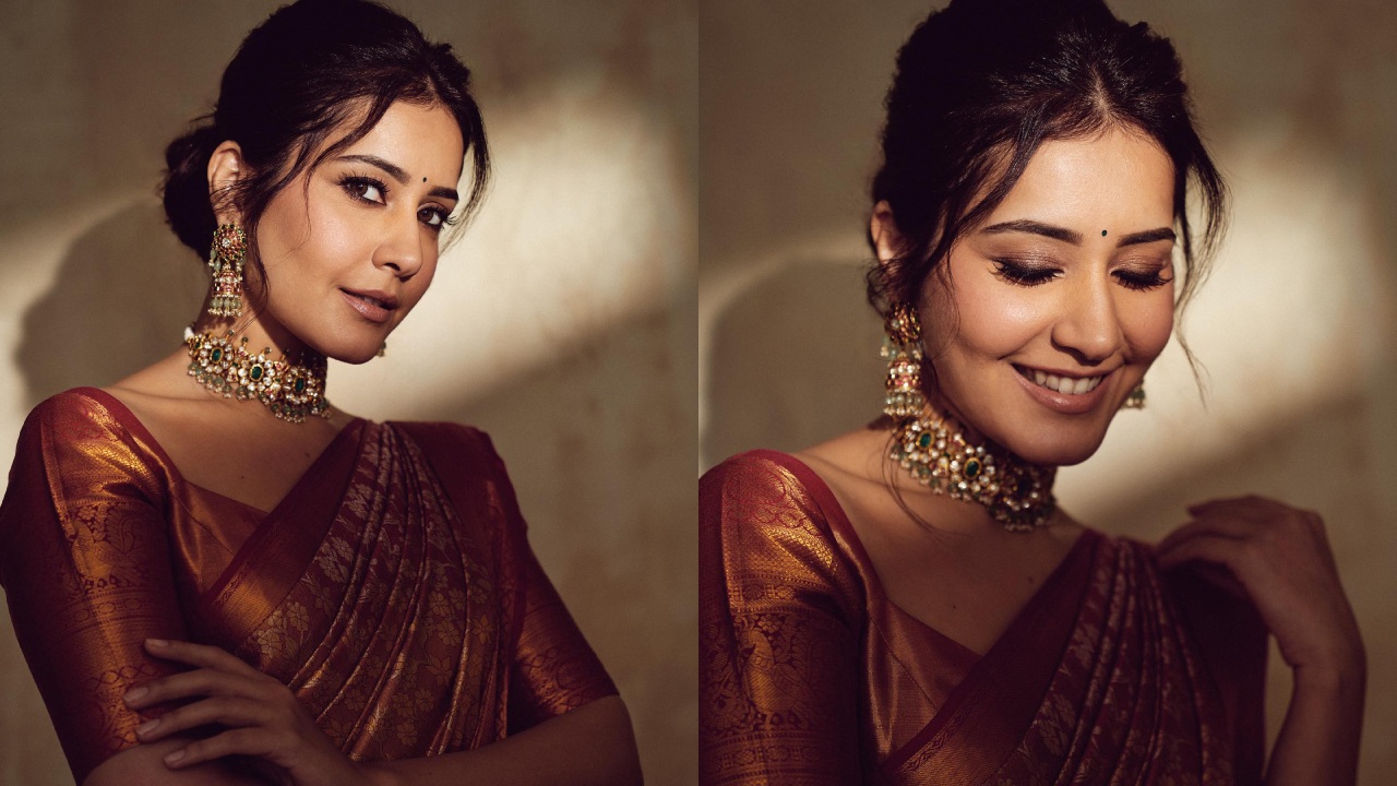 Radiant in Rust! Raashi Khanna aces in shade of red in classic Banarasi saree