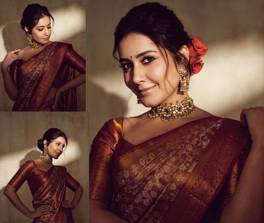 Radiant in Rust! Raashi Khanna aces in shade of red in classic Banarasi saree 877403