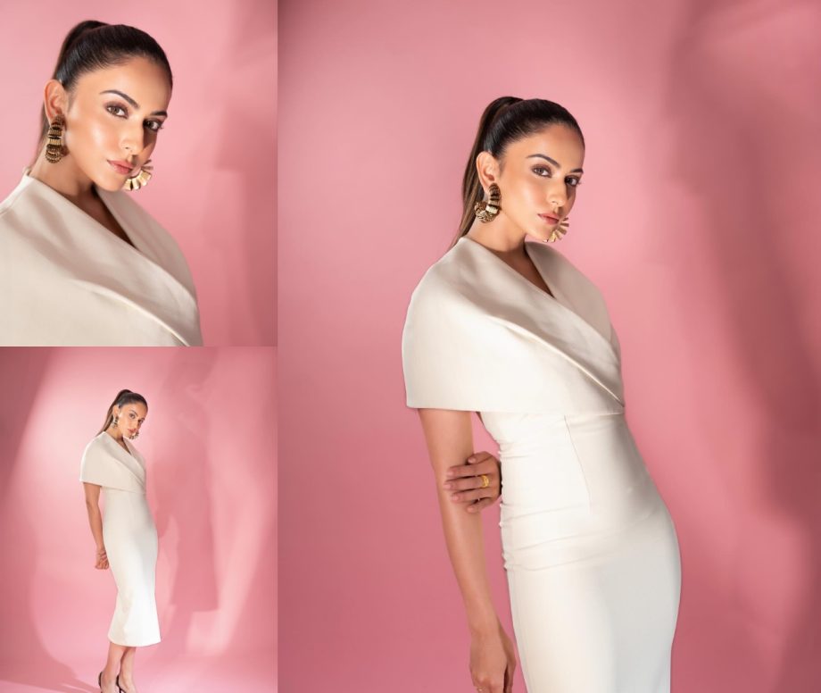 Rakul Preet Singh channels her inner white swan in cape effect crepe midi dress 877400