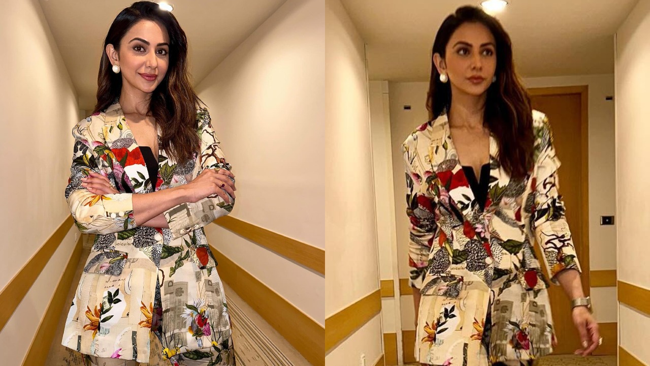 Rakul Preet Singh Stuns in Boss Fashion: Elegance In Floral Abstract Multicolored Satin Pantsuit 878855