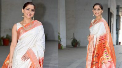 Sonalee Kulkarni Flaunts Traditional Charm In Ivory Paithani Saree With Maharashtrian Nose Ring