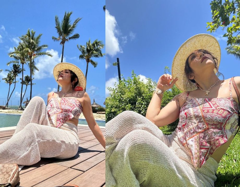 Vacay Goals: Amruta Khanvilkar Radiates Glow In Scarf Top, Flare Trouser & Sun Hat 878812