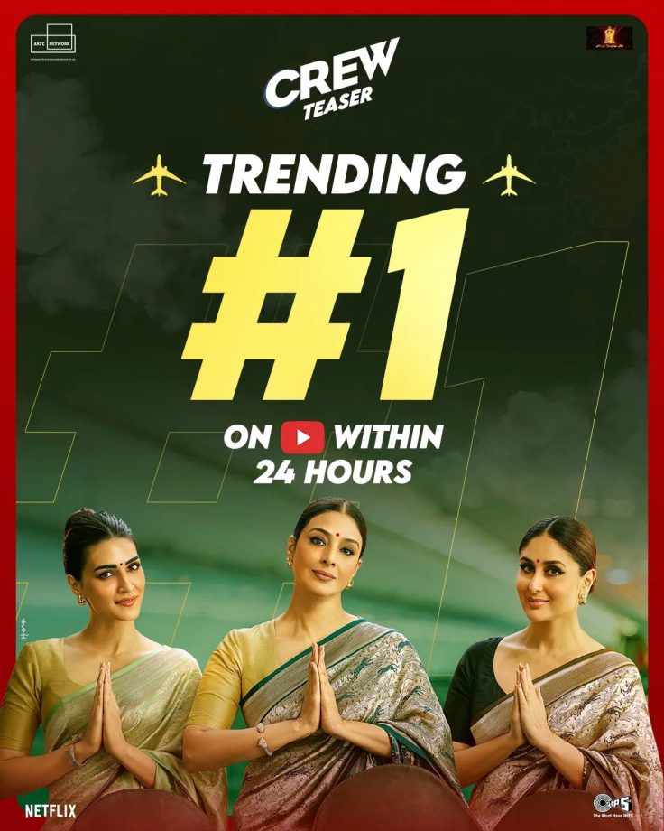 ‘Crew' Teaser Trends at No. 1 on YouTube in Less Than 24 Hours! Sets the Stage For its Blockbuster Release! 883859