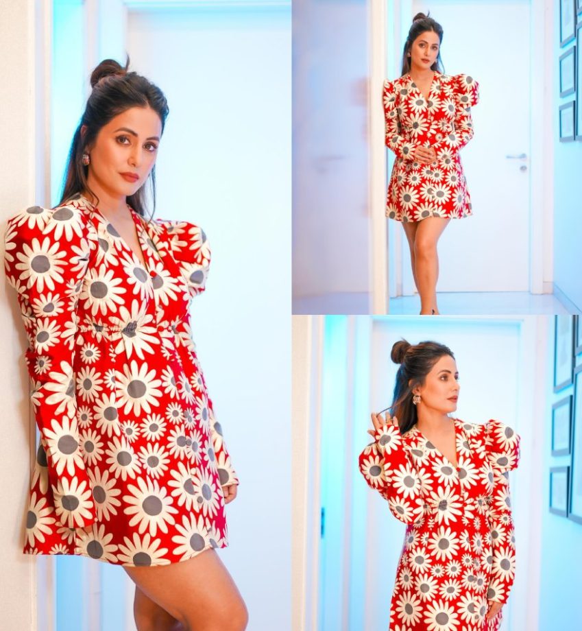 Hina Khan Wows In Red Floral Mini Dress With Golden Hoops, Take Cues 881640