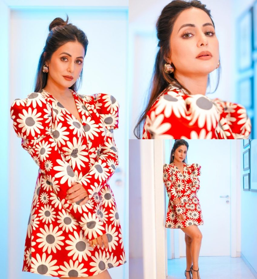 Hina Khan Wows In Red Floral Mini Dress With Golden Hoops, Take Cues 881641