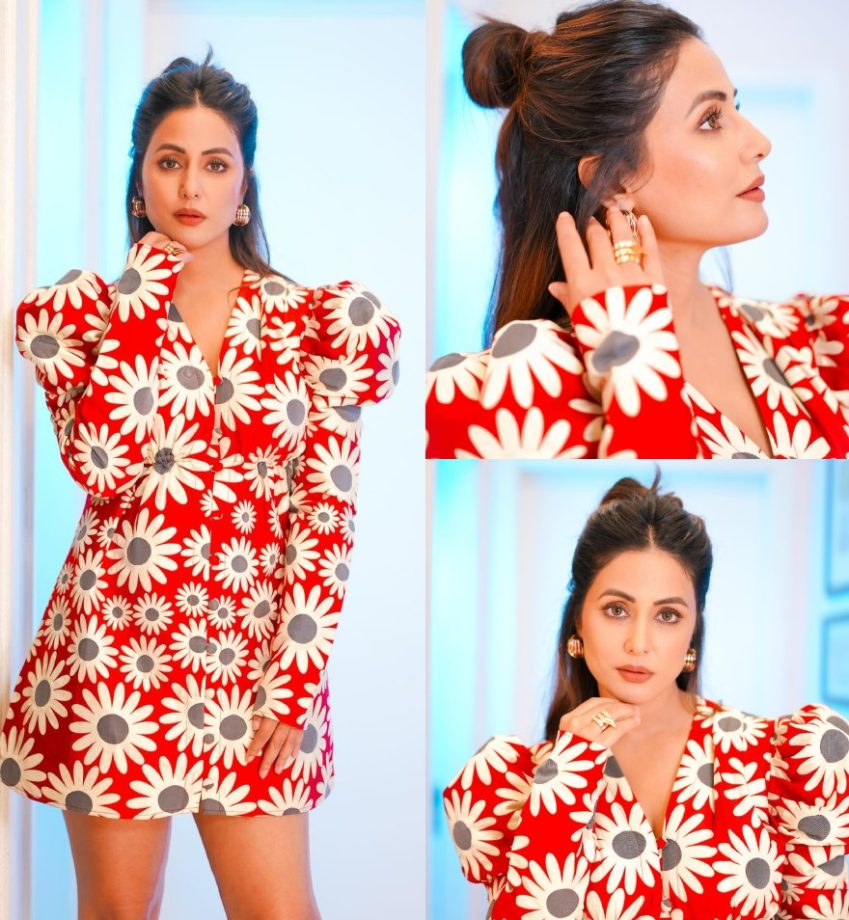 Hina Khan Wows In Red Floral Mini Dress With Golden Hoops, Take Cues 881642