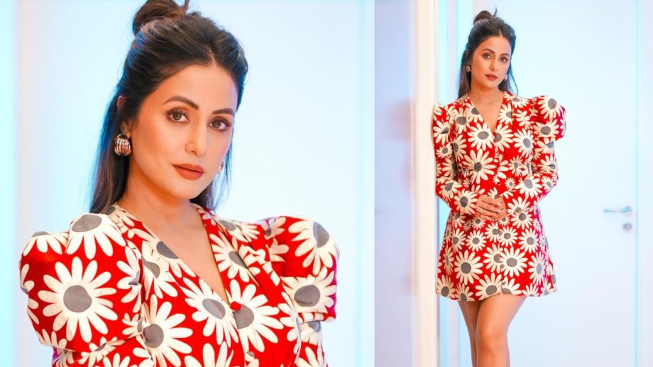 Hina Khan Wows In Red Floral Mini Dress With Golden Hoops, Take Cues 881639