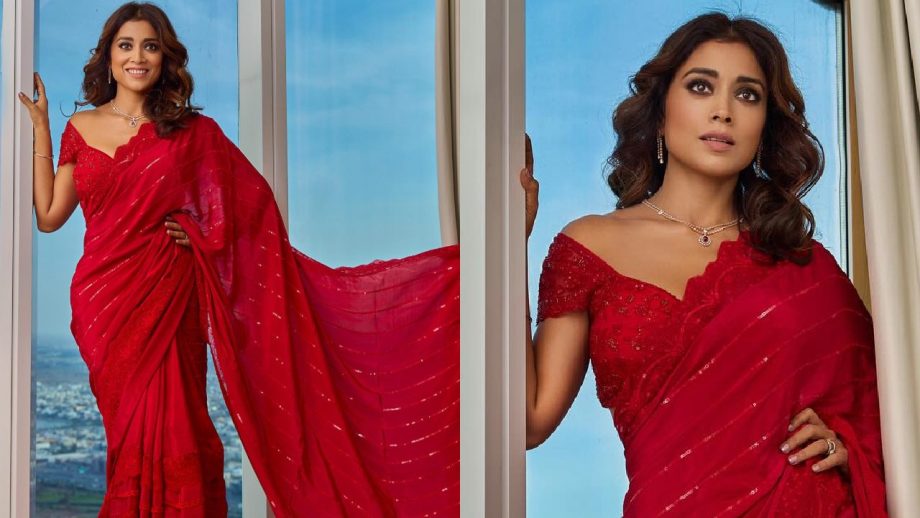 Shriya Saran Is Reigning In Red Ruffle Saree With Off-shoulder Blouse, See How 881459