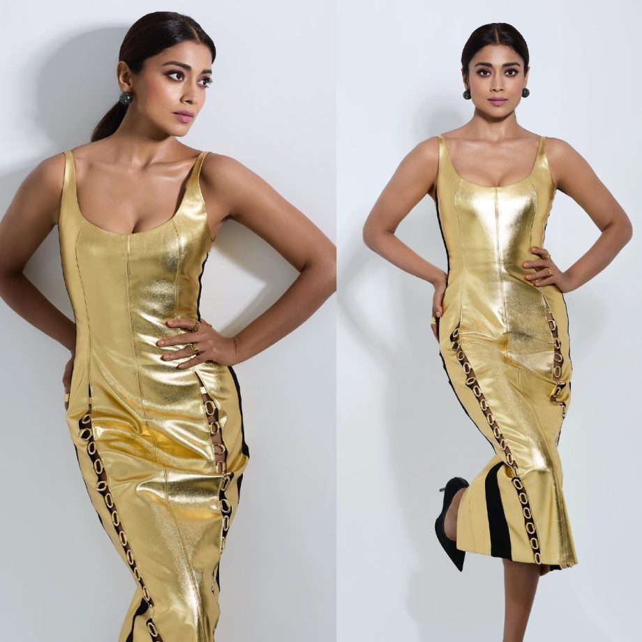 Shriya Saran Stuns In Shiny Golden Sensuous Bodycon Dress 882558