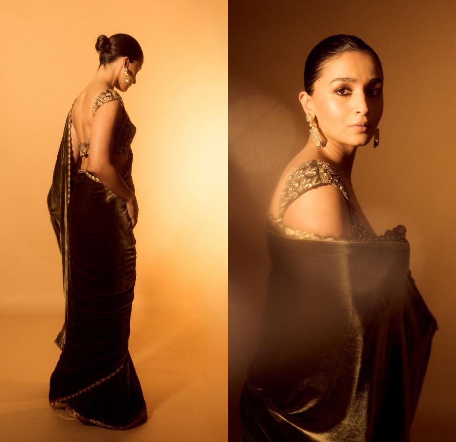 Alia Bhatt Turns Dramatic In Glamorous Mehendi Color Velvet Saree With Smokey Eyes 886386