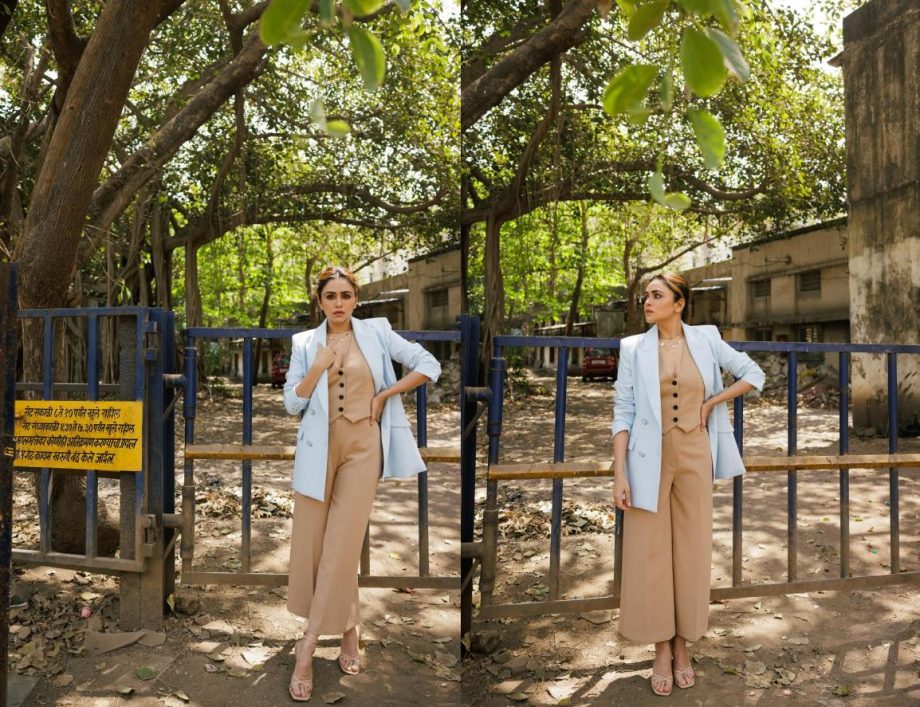 Amruta Khanvilkar Elevates Western Style In A Beige Co-Ord Set With Blue Blazer, See Pics! | IWMBuzz