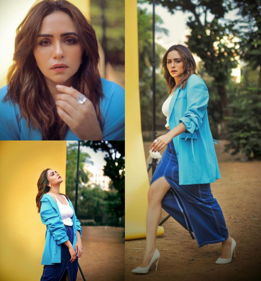 Amruta Khanvilkar Exudes Coolness In A White And Blue Blazer Set With Wavy Hairstyle! 888453