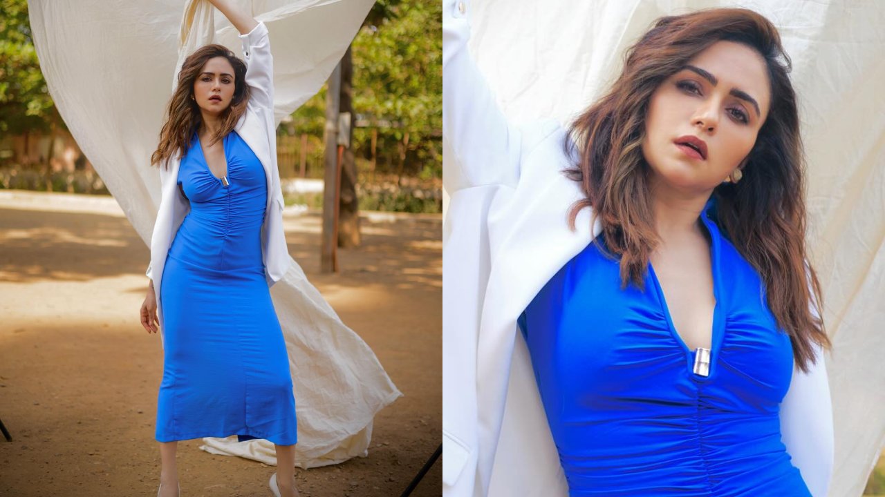 Amruta Khanvilkar Set Fashion Game On Point In A Blue Dress With White Blazer 888617