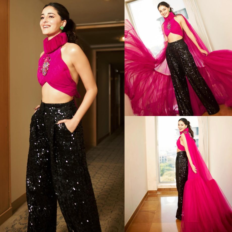 Ananya Panday Channels Superwomen Vibes In A Pink Halter Crop Top And Black Pants, See Photos! 887859