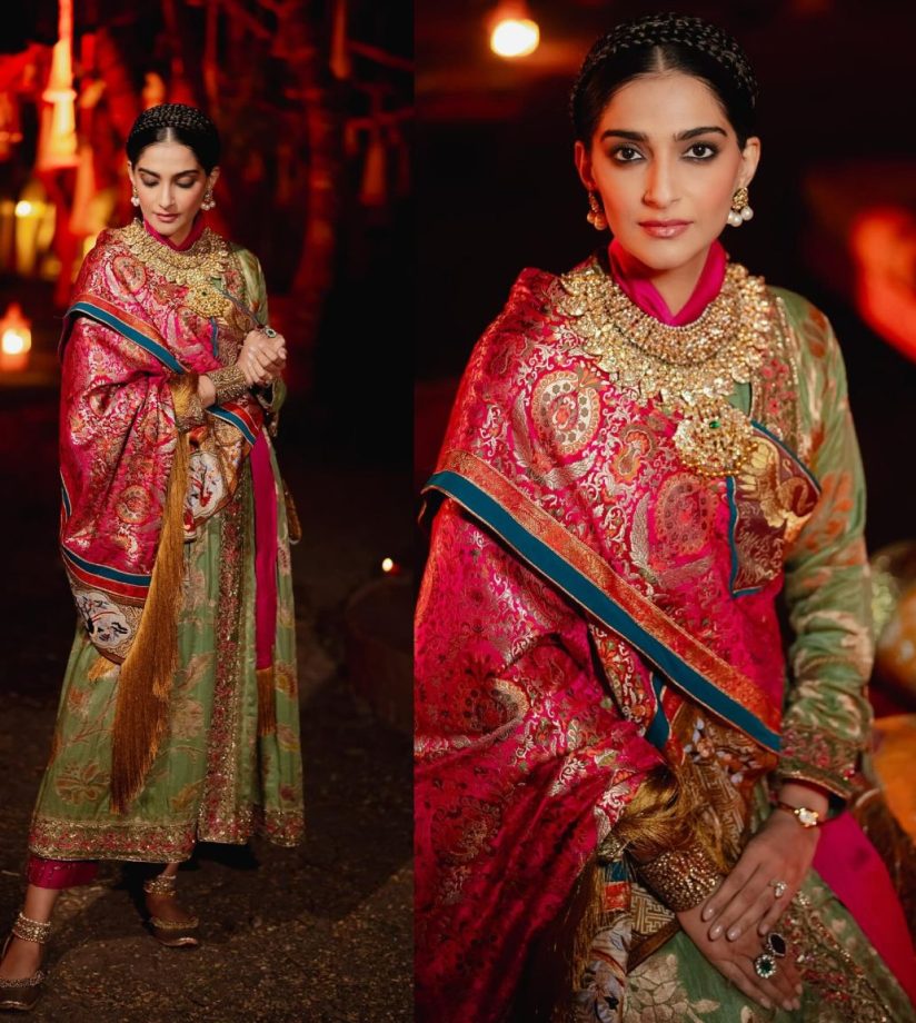 Check Out: Sonam Kapoor Looks Majestic In Green And Gold Mogos And Multi-colored Bok Cape 885050