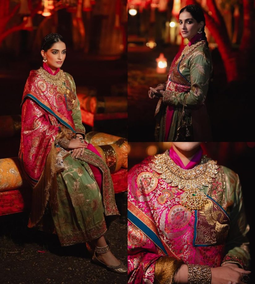 Check Out: Sonam Kapoor Looks Majestic In Green And Gold Mogos And Multi-colored Bok Cape 885052