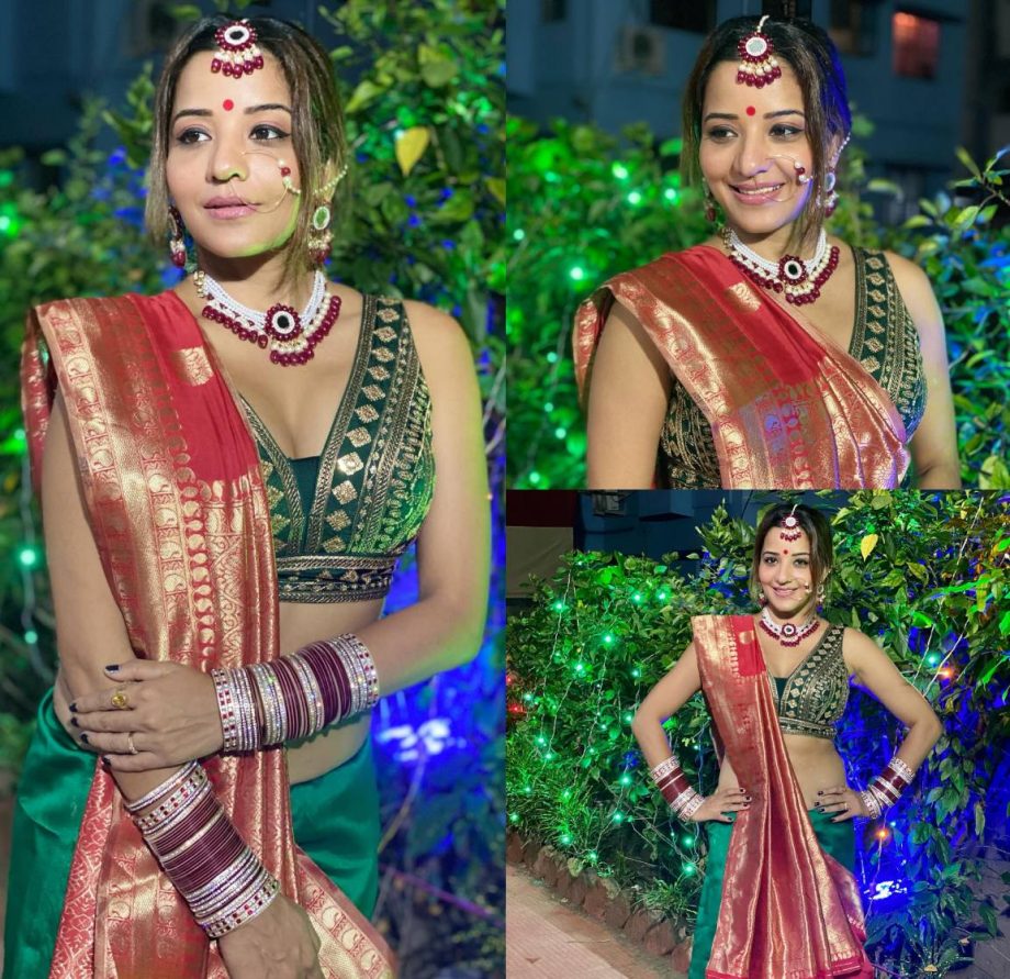 Ethereal Elegance: Monalisa Takes Center Stage In A Red And Green Saree; See Pics 886736