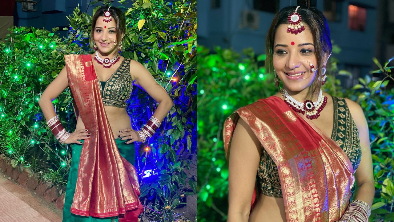Ethereal Elegance: Monalisa Takes Center Stage In A Red And Green Saree; See Pics 886737