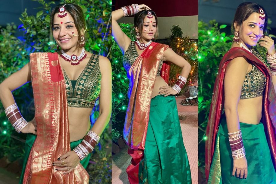 Ethereal Elegance: Monalisa Takes Center Stage In A Red And Green Saree; See Pics 886735