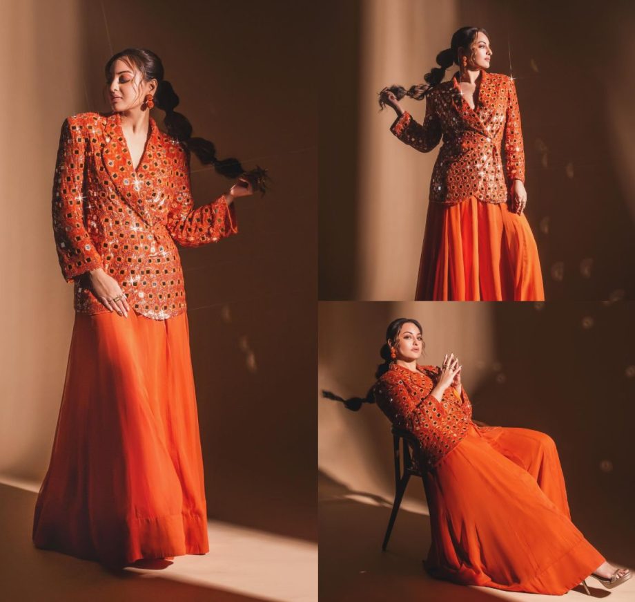 Ethnic Elegance: Sonakshi Sinha Dazzles In An Orange Mirror Work Jacket And Sharara 889299