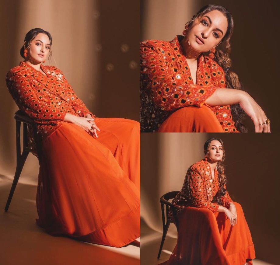 Ethnic Elegance: Sonakshi Sinha Dazzles In An Orange Mirror Work Jacket And Sharara 889300