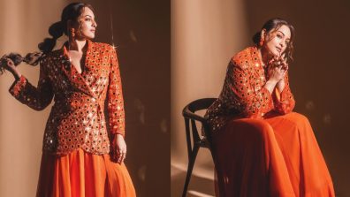 Ethnic Elegance: Sonakshi Sinha Dazzles In An Orange Mirror Work Jacket And Sharara