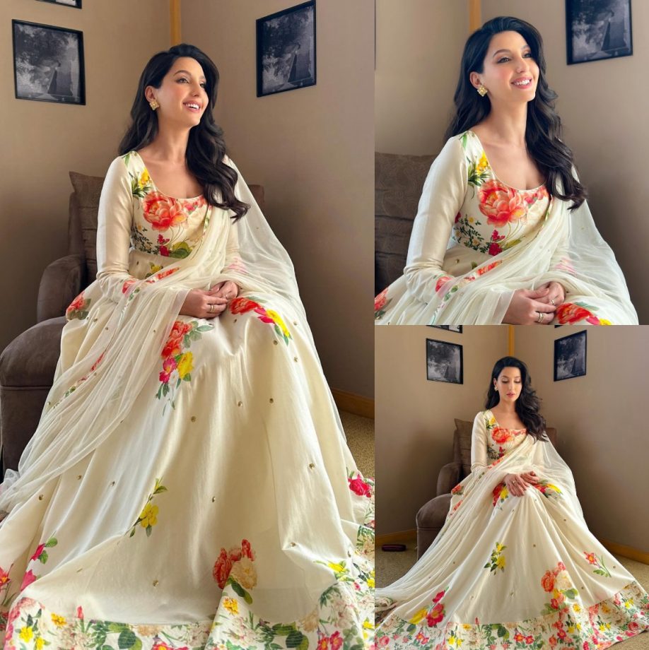 Flawless Beauty: Nora Fatehi Raises Ethnic Fashion Bar In An Ivory Printed Anarkali Set, See Pics! 888808