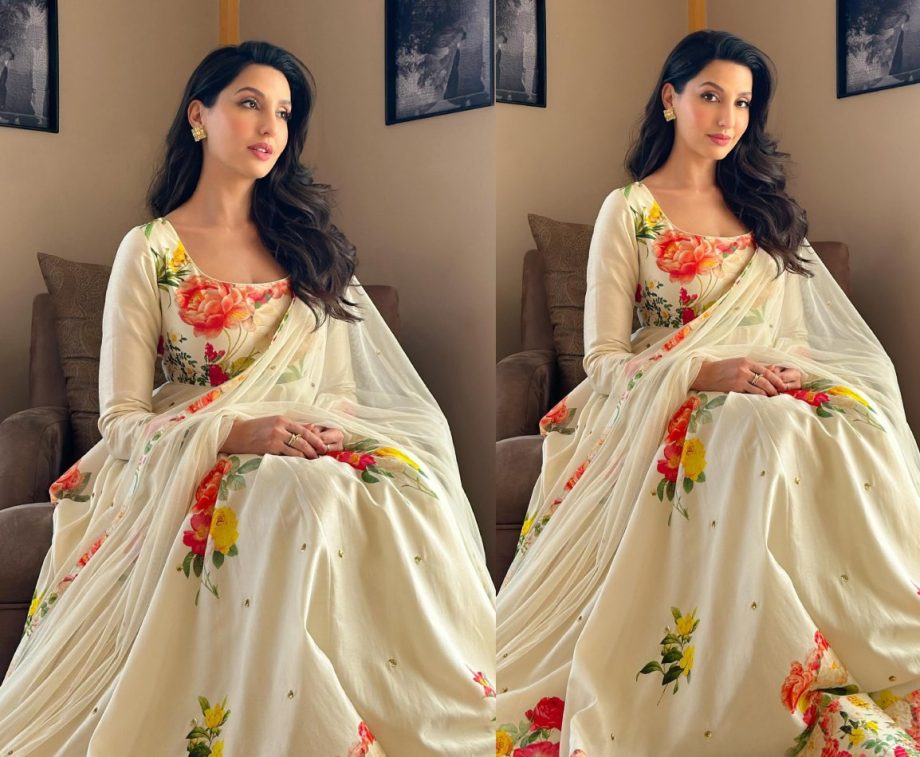 Flawless Beauty: Nora Fatehi Raises Ethnic Fashion Bar In An Ivory Printed Anarkali Set, See Pics! 888807