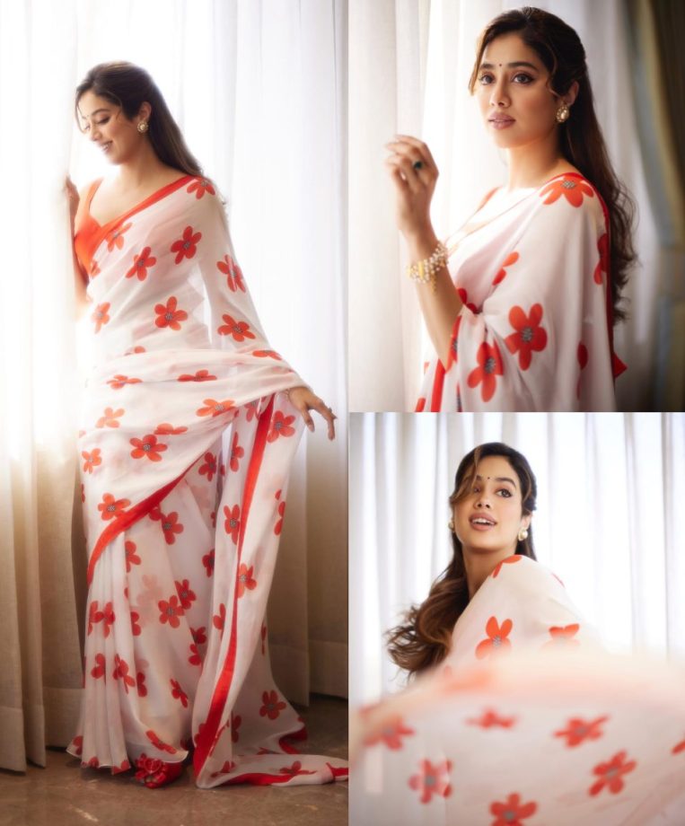 Janhvi Kapoor Takes Us Back In Time With Vintage Glamour In A White And Orange Floral Saree 886187
